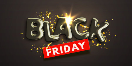 Black friday sale banner with realistic decorative glossy 3d text and golden confetti on dark background. Special offer. Advertising design template for web banner, poster, flyer. Vector illustrationのイラスト素材