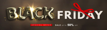 Black friday sale banner with realistic glossy 3d text and decorative red bow on dark smoky background. Special offer. Promotional design template for web banner, poster, flyer. Vector ad illustrationのイラスト素材