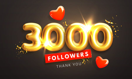 3000 followers celebration banner. Thank you 3k follower people. Glossy golden 3d numbers and red hearts in realistic style. Design for channel, group in social network. Vector illustrationのイラスト素材