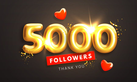 5000 followers celebration banner. Thank you 5k follower people. Glossy golden 3d numbers and red hearts in realistic style. Design for channel, group in social network. Vector illustrationのイラスト素材