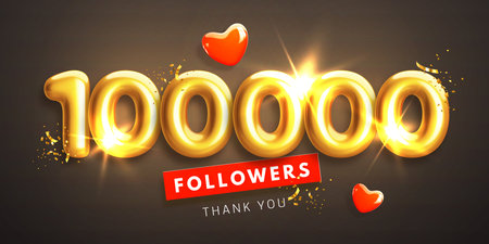 100000 followers celebration banner. Thank you 100k follower people. Glossy golden 3d numbers and red hearts in realistic style. Design for channel, group in social network. Vector illustrationのイラスト素材