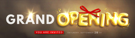 Grand opening banner with realistic glossy 3d text and decorative red bow on dark smoky background. Opening ceremony. Promotional design template for web banner, poster, flyer. Vector ad illustrationのイラスト素材