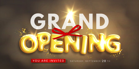 Opening ceremony. Grand opening banner with realistic glossy 3d text and decorative red bow on dark smoky background. Advertising design template for poster, flyer, social media. Vector illustrationのイラスト素材