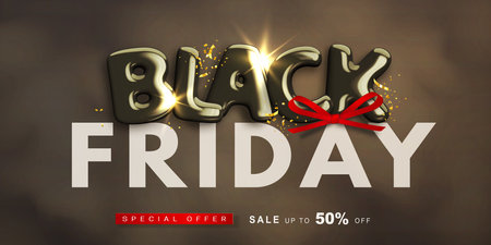 Special offer. Black friday banner with realistic glossy 3d text and decorative red bow on dark smoky background. Super sale 29.11. Design template for web banner, social media. Vector illustrationのイラスト素材