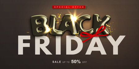 Special offer. Black friday sale banner with realistic decorative glossy 3d text and red bow on dark background. Promotional design template for web poster, flyer, social media. Vector ad illustrationのイラスト素材