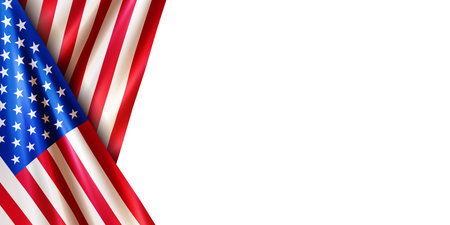 Realistic national USA flag with stars and red stripes isolated on white background. Wavy flag of the United States of America. American symbol for celebrating patriotic holidays. Vector illustrationのイラスト素材