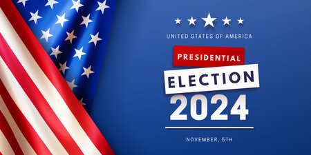 Presidential Election day in the United States of America 2024. Election event banner with realistic national American flag on blue background. Vote November 5 in USA. Vector illustrationのイラスト素材