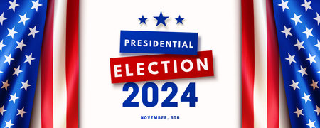 American presidential election banner with realistic national USA flag on white background. Election voting event design for poster, flyer, post in social media. November 5, 2024. Vector illustrationのイラスト素材