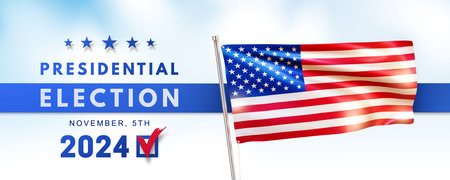 Presidential election USA 2024 banner with realistic American flag on a metal flagpole on sky background. Voting day design for web poster, flyer, post in social media. November 5. Vector illustrationのイラスト素材