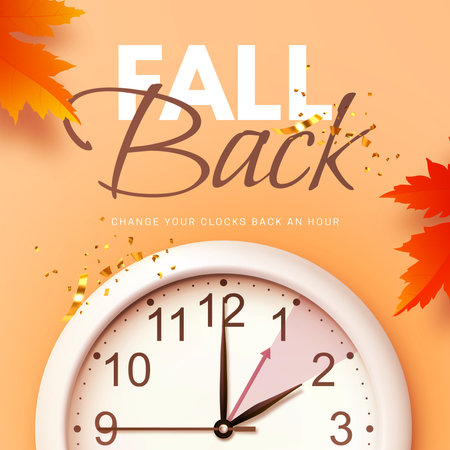 Fall Back. Daylight saving time ends banner with realistic wall clock and colorful autumn maple leaves on orange background. Change your clocks back an hour on November 3, 2024. Vector illustrationのイラスト素材