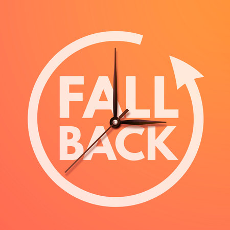 Daylight saving time ends. Fall back banner with realistic clock hands on orange background. Post design with text reminder of time change to one hour back for social networks. Vector illustrationのイラスト素材