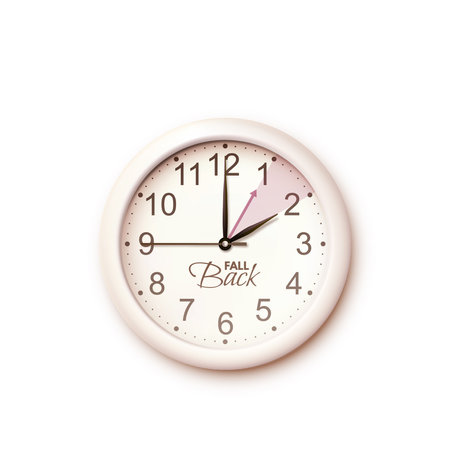 Daylight saving time ends. Fall back design element. Modern realistic beige wall clock isolated on white background. Clock face with hands moving backward by an hour. November 3. Vector illustrationのイラスト素材