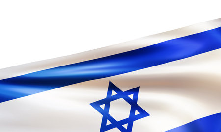 Realistic wavy national flag of the State of Israel isolated on white background. Patriotic symbol country Israel with star of David for Independence day and national holidays. 3d vector illustrationのイラスト素材