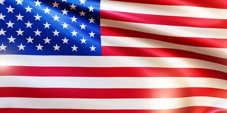 Realistic national American flag closeup. Wavy flag of the United States of America. Patriotic background USA for Independence day, Veterans day, Memorial day. 3d vector illustrationのイラスト素材