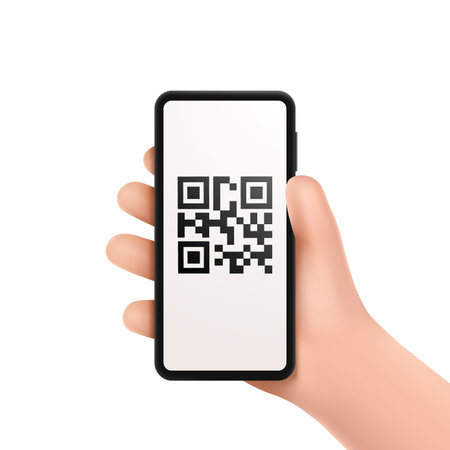 3d hand holding smartphone with scans QR code isolated on white background. Hand with mobile phone for web banner, marketing, presentation, social media. Mockup mobile concept. Vector illustrationのイラスト素材
