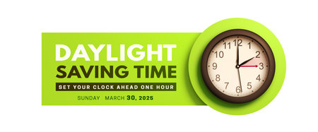 Daylight saving time. Spring Forward banner with realistic black 3d wall clock on green background....