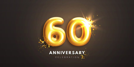 Sixtieth anniversary celebration banner. Realistic glossy 3d golden number 60 and sparkling confetti on black background. Greeting card for birthday or wedding anniversary. Vector illustrationのイラスト素材