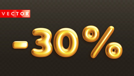 Minus 30%. Metallic thirty percent. Golden 3d off discount numbers with percentage in realistic style on black background. Glossy decoration element for promotion sale banner. Vector illustrationのイラスト素材