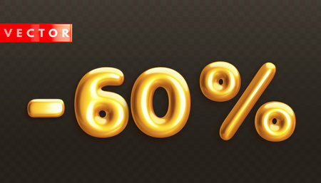 Minus 60%. Metallic sixty percent. Golden 3d off discount numbers with percentage in realistic style on black background. Glossy decoration element for promotion sale banner. Vector illustrationのイラスト素材
