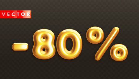 Minus 80%. Metallic eighty percent. Golden 3d off discount numbers with percentage in realistic style on black background. Glossy decoration element for promotion sale banner. Vector illustrationのイラスト素材