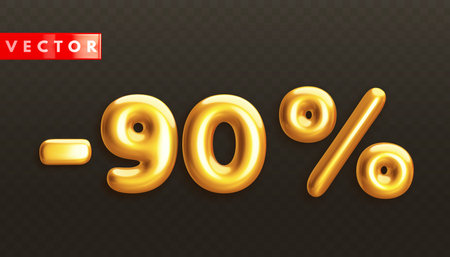 Minus 90%. Metallic ninety percent. Golden 3d off discount numbers with percentage in realistic style on black background. Glossy decoration element for promotion sale banner. Vector illustrationのイラスト素材