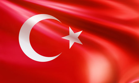 Realistic wavy national flag of the Republic of Turkey closeup. Turkish patriotic background for celebrate Republic day and Victory day. 3d vector illustrationのイラスト素材