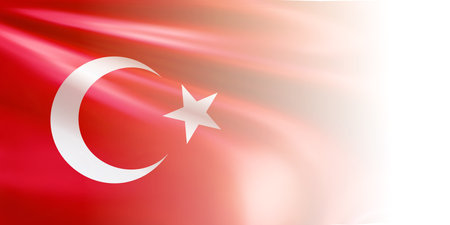 Realistic Turkish flag. Wavy national flag of the Republic of Turkey with blurred edge isolated on white background. Country symbol for celebrating patriotic holidays. 3d vector illustrationのイラスト素材