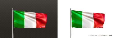 Realistic national flag of the Republic of Italy on a metal flagpole isolated on black and white background. Waving in the wind flag. Italian patriotic symbol. 3d vector illustrationのイラスト素材