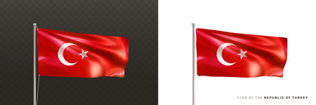 Realistic national flag of the Republic of Turkey on a metal flagpole isolated on black and white background. Waving in the wind flag. Turkish patriotic symbol. 3d vector illustrationのイラスト素材