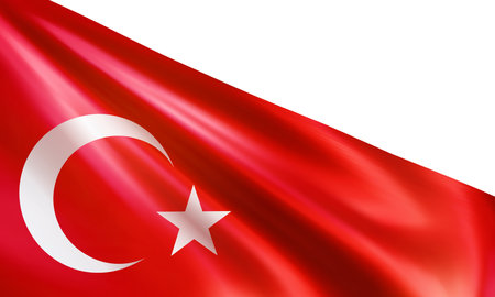 Realistic Turkish flag. Wavy national flag of the Republic of Turkey isolated on white background. Patriotic symbol country for celebration Victory day. 3d vector illustrationのイラスト素材