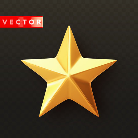 Glossy golden 3d star with shadow in realistic style. Feedback and leadership symbol icon. Yellow metallic trophy star isolated on black background. Vector illustrationのイラスト素材