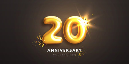 Twentieth anniversary celebration banner. Realistic glossy 3d golden number 20 and sparkling confetti on black background. Greeting card for birthday or wedding anniversary. Vector illustrationのイラスト素材