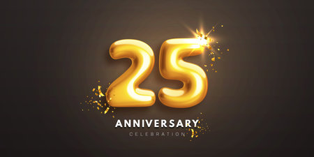 Twenty fifth anniversary celebration banner. Realistic glossy 3d golden number 25 and sparkling confetti on black background. Greeting card for birthday or wedding anniversary. Vector illustrationのイラスト素材