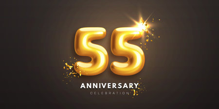 Fifty fifth anniversary celebration banner. Realistic glossy 3d golden number 55 and sparkling confetti on black background. Greeting card for birthday or wedding anniversary. Vector illustrationのイラスト素材