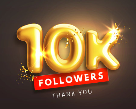 10000 followers celebration banner. Thank you 10k follower people. Glossy golden 3d numbers in realistic style on black background. Design for channel, group in social network. Vector illustrationのイラスト素材