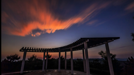 Viewing platform under sunsetの写真素材