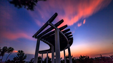 Viewing platform under sunsetの写真素材