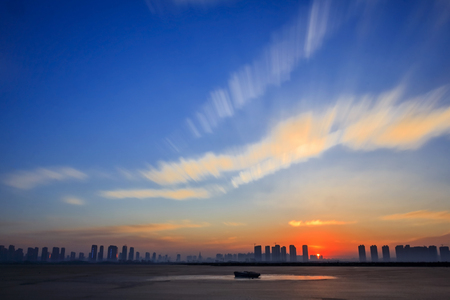 The sunrise of Jinyang Lakeの写真素材