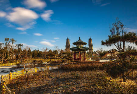 Scenery of Twin Towers Park in Taiyuan, Shanxi, Chinaの写真素材