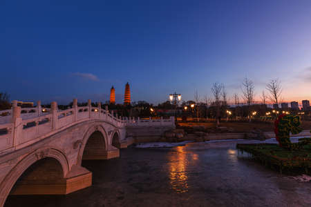 Scenery of the twin towers of Yongzuo Temple in Taiyuan, Shanxi, Chinaの写真素材