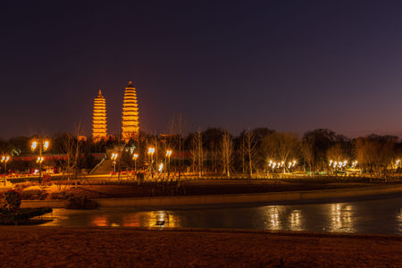Scenery of the twin towers of Yongzuo Temple in Taiyuan, Shanxi, Chinaの写真素材
