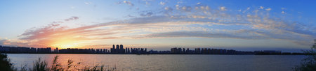 Panorama of the city at sunset, Hangzhou, China.の写真素材