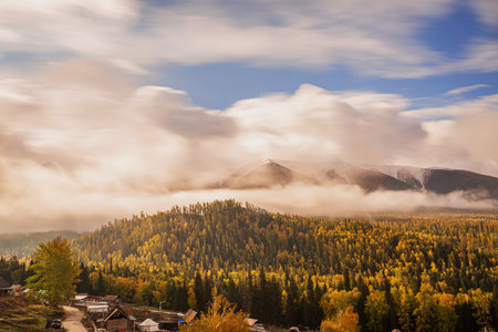 Autumn mountain landscape with colorful forest in Carpathians, Ukraineの写真素材