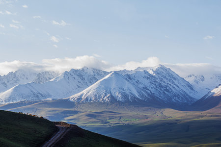 Mountain landscape with snow-capped mountains in Kyrgyzstan