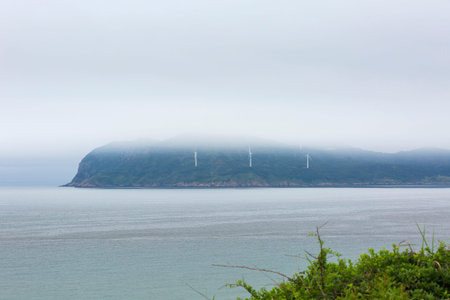 Wind turbines on the coast of the sea in the misty morning
