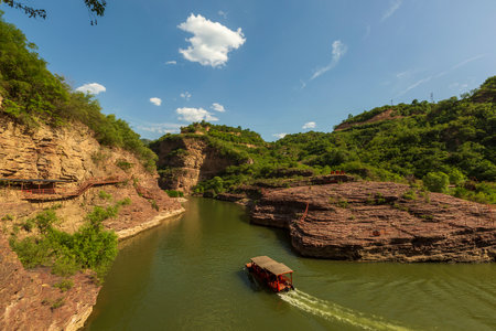 Landscape view of river and mountains under blue sky, Thailand.の写真素材