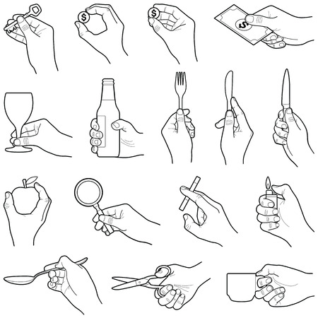 Hands with objects collection - vector line illustrationのイラスト素材