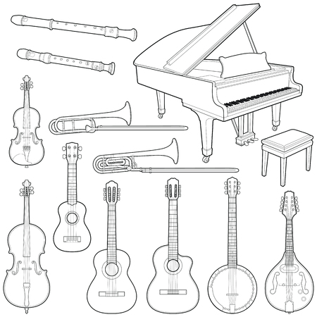 Music instruments collection - vector line illustrationのイラスト素材