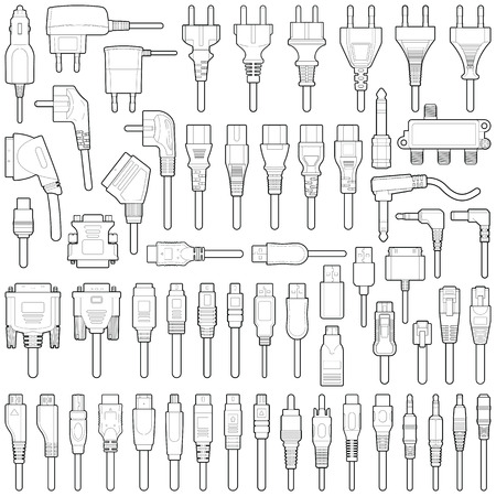 Cable wire and electric plug collection - vector line illustrationのイラスト素材