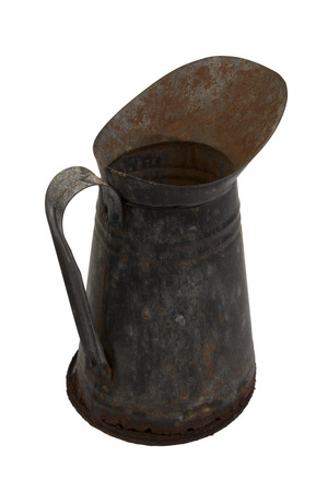 Rusty metal jug isolated on white backgroundの写真素材